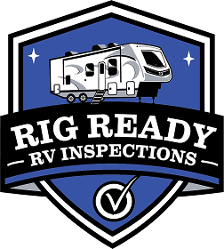 RV inspection logo with travel trailer.